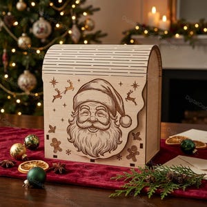 Può includere: Una scatola in legno chiaro con coperchio curvo e un'illustrazione incisa al laser di Babbo Natale sulla parte anteriore. Il design include piccole renne, stelle, fiocchi di neve e omini di pan di zenzero attorno al ritratto centrale.