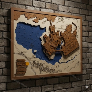 May include: A framed wooden map with a layered design, depicting a fictional location with a blue lake and brown buildings. The map includes the text "Hogwarts" and is set within a light brown frame. The artwork is mounted on a brick wall.