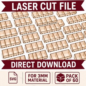 Puede incluir: Una colección de bandejas de madera cortadas con láser, cada una con tres compartimentos. La imagen incluye el texto "LASER CUT FILE" y "DIRECT DOWNLOAD". Texto adicional indica que el archivo es para material de 3 mm y un paquete de 60, con un icono de archivo SVG.