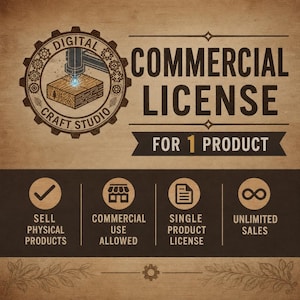Pode incluir: Um gráfico castanho com o texto "COMMERCIAL LICENSE FOR 1 PRODUCT". A imagem inclui ícones para venda de produtos físicos, uso comercial, licença de produto único e vendas ilimitadas. Um logótipo "Digital Craft Studio" está no topo.