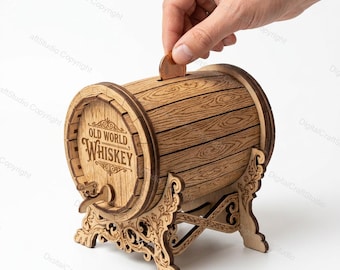 Hucha con forma de barril de whisky cortada con láser (archivo SVG) / Miniatura para decoración de bebidas (descarga digital)