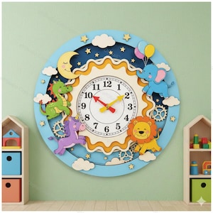 May include: A whimsical, round wall clock with a light blue border, featuring cartoon animals and celestial elements. The clock face has a white background with black numbers and red and yellow clock hands. The clock is decorated with a dragon, unicorn, lion, and elephant.
