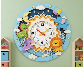 Kids Animal Clock Laser Cut File, Nursery Wall Decor, Educational SVG (Digital Download)