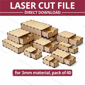 Puede incluir: Una colección de cajas de madera cortadas con láser con cajones extraíbles. Las cajas son de varios tamaños y formas, con líneas oscuras que delinean los bordes. El texto en la parte superior dice "LASER CUT FILE - DIRECT DOWNLOAD". El texto inferior dice "for 3mm material, pack of 40".