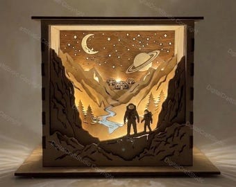 Lámpara de caja de sombras de exploración de astronautas SVG / Decoración de madera cósmica en capas (descarga digital)