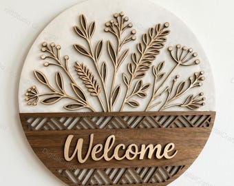 Letrero de bienvenida cortado con láser en formato SVG / Diseño floral para colgar en la puerta (archivo digital)