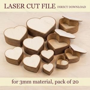 May include: A collection of laser-cut heart-shaped boxes with lids, made from light brown wood. The boxes vary in size and are designed for 3mm material. Text on the image reads "LASER CUT FILE DIRECT DOWNLOAD" and "for 3mm material, pack of 20".