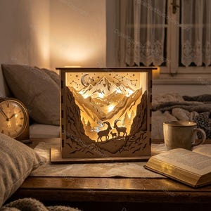 Könnte beinhalten: Ein beleuchtetes Nachtlicht mit einer Berglandschaft aus Holz. Das geschichtete Design zeigt eine Bergkette, einen Fluss, Bäume und eine Ziegenfamilie. Das Licht erzeugt einen warmen Schein und schafft eine gemütliche Atmosphäre. Die Szene beinhaltet Mond und Sterne.