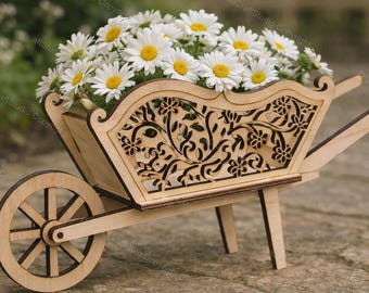 Carretilla floral cortada con láser – Centro de mesa decorativo para jardín (Descarga digital)