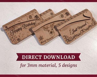 Archivo para portatarjetas de regalo cortado con láser / 5 diseños para múltiples ocasiones en madera de 3 mm (descarga digital)