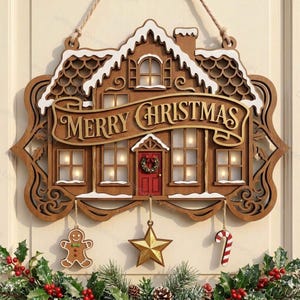 May include: A wooden wall hanging shaped like a house with white snow accents on the roof, featuring a banner that reads Merry Christmas. The house has a red door with a wreath and hanging ornaments including a gingerbread man, a star, and a candy cane.