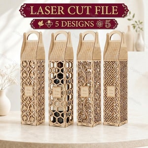 May include: Four laser-cut wooden wine bottle holders with intricate designs. Each holder has a handle and a small label that says "Wine." The designs include leaf patterns, honeycomb, and geometric shapes. The text "LASER CUT FILE" and "5 DESIGNS" are at the top.
