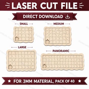 May include: A laser cut file showing four wooden jigsaw puzzles of varying sizes: small, medium, large, and panoramic. Each puzzle has a distinctive scalloped edge and a missing piece. The text "DIRECT DOWNLOAD" is above the puzzles.