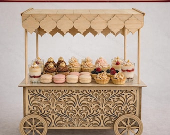 Elegante carrito de postres cortado con láser (archivo SVG) - Soporte para dulces de fiesta para eventos y bodas