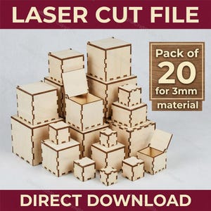 以下が含まれることがあります： さまざまなサイズのレーザーカットされた木製ボックス20個のコレクション。天然木仕上げと濃い茶色のトリム。ボックスは積み重ねられており、一部は蓋が開いています。「LASER CUT FILE」と「DIRECT DOWNLOAD」のテキストが表示されています。