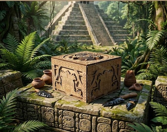 Archivo de caja de corte láser maya azteca para madera de 3 mm / Caja de almacenamiento decorativa intrincada SVG