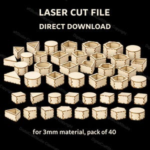 May include: A collection of 40 laser-cut wooden boxes and geometric shapes, including triangles, cylinders, and various polygonal boxes. The text "LASER CUT FILE DIRECT DOWNLOAD" and "for 3mm material, pack of 40" are displayed.