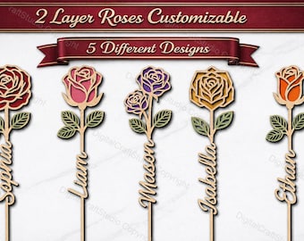 File di taglio laser personalizzabile con rose a 2 strati e nomi - Cinque design unici, perfetti per regali e decorazioni per la festa della mamma