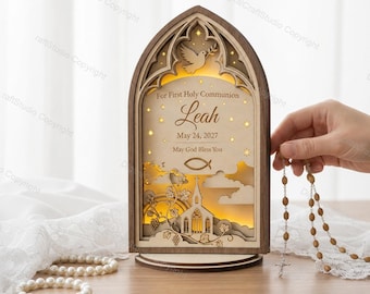 Caja de presentación para regalo religioso, personalizada, cortada con láser, en formato SVG / Diseño en madera laminada con retroiluminación /