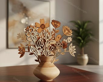 Paquete de diseños florales cortados con láser: decoración floral de madera, archivo para jarrones (descarga digital)