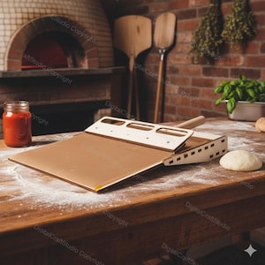 Könnte beinhalten: Eine hölzerne Pizzaschaufel und eine Teigvorbereitungsstation auf einem Holztisch, der mit Mehl bestäubt ist. Ein Glas Tomatensauce und ein Teigball befinden sich ebenfalls auf dem Tisch. Im Hintergrund ein Ziegelofen und Pizzaschaufeln.