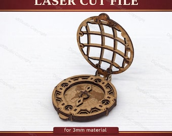 Archivo de corte láser de globo terráqueo con brújula vintage / Reloj de sol de madera 3D SVG (Descarga digital)