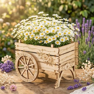 Könnte beinhalten: Ein heller Holzwagen als Pflanzgefäß mit lasergeschnittenen Blumenverzierungen an den Seitenteilen und zwei großen Speichenrädern. Der Wagen ist mit einer dichten Anordnung weißer Gänseblümchen mit gelben Mitten gefüllt, die ein Dekor bilden.
