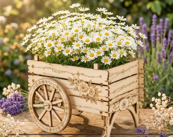 Macetero de madera cortado con láser, archivo SVG, carrito decorativo con grabado floral, madera de 3 mm, descarga digital, decoración de jardín para uso comercial.