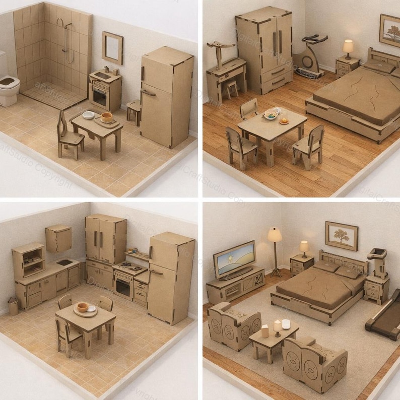May include: Four miniature room dioramas, each showcasing a different living space. The scenes include a bathroom, bedroom, kitchen, and living room, all constructed from cardboard. Each room is furnished with cardboard furniture and appliances.