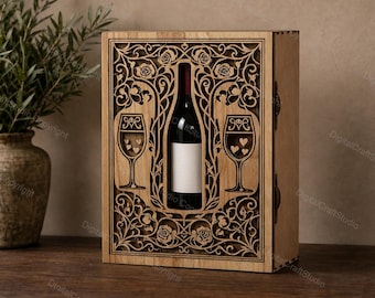 Archivo SVG DXF para caja de vino cortada con láser / Diseño elegante de filigrana de rosas (descarga digital)