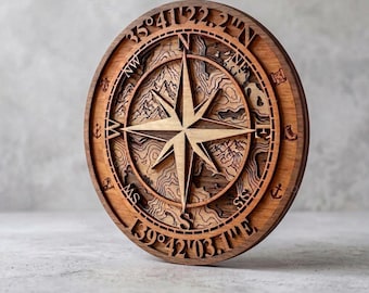 Mapa de rosa de los vientos cortado con láser para decoración de pared en formato SVG - Archivo de decoración náutica de madera con coordenadas personalizadas