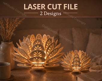 Portavelas con forma de flor de loto (archivo de corte láser) - 2 diseños únicos para madera de 3 mm.