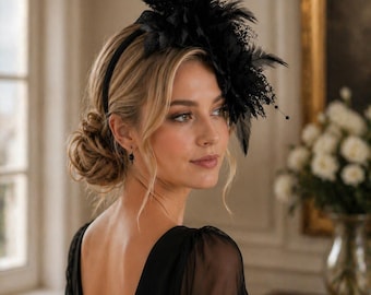 1920 Black Floral Fascinator Headband, Feather Flower Tea Party Hat, Kentucky Derby Hair Accessory, Gothic Wedding Headpiece for Women