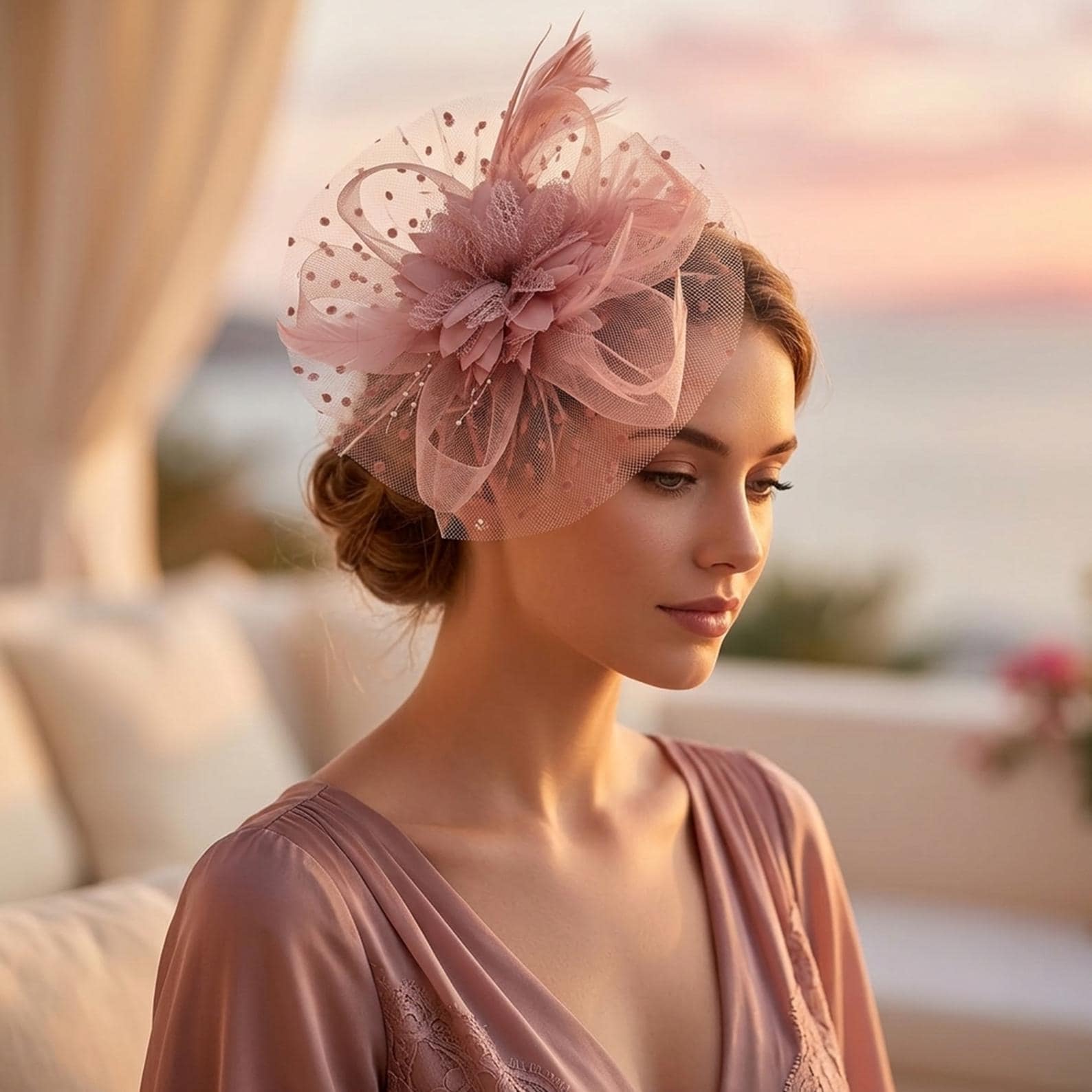 Pink Feather Fascinator Headband, Floral Lace Wedding Hair Accessory