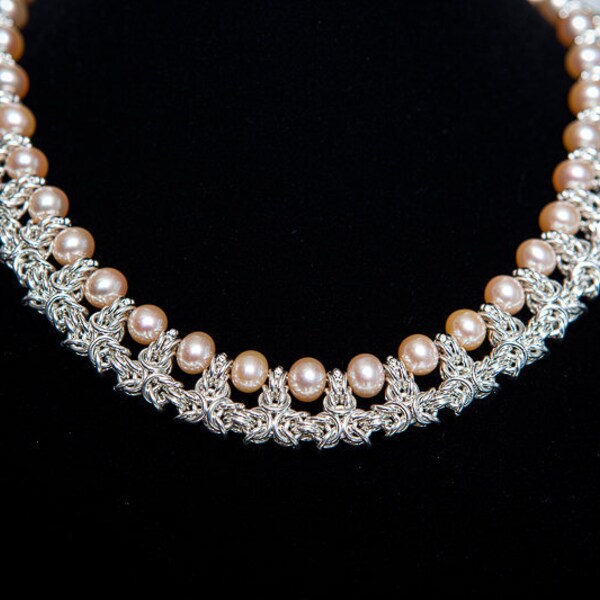 Christmas in July Sale:  Sterling Silver-Fill Byzantine Pearl Necklace with Cream Freshwater Pearls