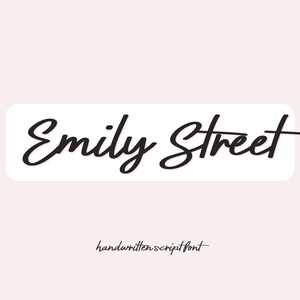 May include: A digital graphic featuring the words "Emily Street" in a black, handwritten script font, set against a white rectangular background. The words "handwritten script font" appear below in a smaller, matching font. The background is a soft pink.