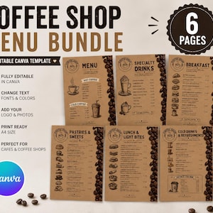 May include: A six-page coffee shop menu bundle template featuring a brown kraft paper background with coffee bean borders. The text includes headings for Menu, Specialty Drinks, Breakfast, Pastries & Sweets, Lunch & Light Bites, and Cold Drinks.