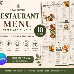 Paquete de plantillas editables para menús de desayuno en Canva / Plantillas para cafeterías (10 páginas)