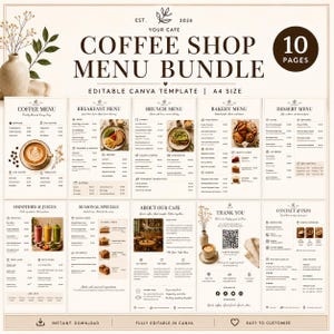 May include: A ten-page coffee shop menu bundle template in A4 size, featuring editable layouts for coffee, breakfast, brunch, bakery, dessert, smoothies, seasonal specials, about us, thank you, and contact information with a neutral color palette.