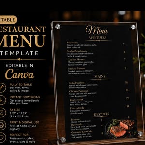 Peut inclure: Un modèle de menu de restaurant avec un fond noir et du texte doré. Le menu est affiché dans un cadre en acrylique transparent. Le texte comprend "Restaurant Menu Template" et "Editable in Canva". Le menu liste les entrées, les plats principaux et les desserts.