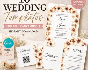 10 Canva Editable Wedding Invitation Suite Templates | Instant Download | Elegant Floral Wedding Bundle