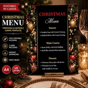 Könnte beinhalten: Eine schwarze Weihnachtskarte mit goldenen Akzenten, die ein festliches Design aus Ornamenten und Grün zeigt. Das Menü umfasst Vorspeisen, Hauptgerichte und Desserts. Der Text auf der Speisekarte lautet "Christmas Menu" und "Printable & Editable Canva Template."