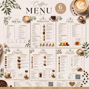 May include: A six-page coffee menu template set featuring a cream background with botanical leaf illustrations. The pages display various coffee, tea, and pastry items with prices, drink graphics, and QR codes for ordering. Text includes Coffee Menu, Brewed to Perfection, More than Coffee, Sweet Treats & Pairings, Specialty Coffees, and Good Coffee Good Life.