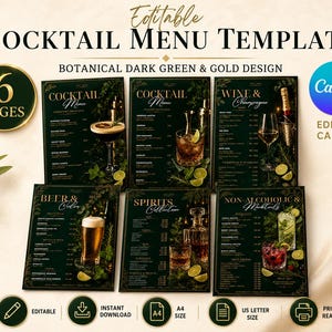May include: An editable cocktail menu template set featuring six pages with a dark green and gold botanical design. The text includes "COCKTAIL MENU TEMPLATE," "6 PAGES," "Canva," "EDIT IN CANVA," and various drink categories like "WINE & CHAMPAGNE."