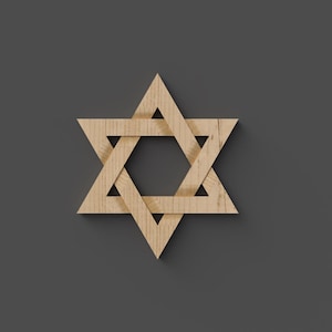 May include: A wooden Star of David, a six-pointed star, is set against a dark grey backdrop. The star is made from interlocking triangles, displaying the natural wood grain and texture.