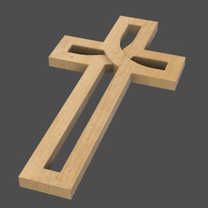 May include: A wooden cross with a distinctive design. The cross is crafted from light-coloured wood and has a cutout pattern in the centre. The arms of the cross are rectangular, and the overall shape is symmetrical. The cross is set against a dark grey background.