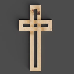 以下が含まれることがあります： 織り模様の木製の十字架。十字架は明るい色の木材でできており、長方形の形をしており、空間が開いています。十字架は濃い灰色の背景に設置されています。