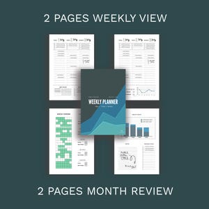 Puede incluir: Un planificador semanal con una cubierta de color verde oscuro y un diseño de olas azul y turquesa. El planificador incluye páginas para vistas semanales y mensuales, seguimiento de proyectos y notas. El texto en la portada dice "Weekly Planner".