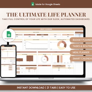 Könnte beinhalten: Eine digitale Lebensplaner-Vorlage für Google Sheets, angezeigt auf einem Laptop- und Smartphone-Bildschirm. Die Benutzeroberfläche bietet ein braunes und beiges Farbschema mit Abschnitten für Budget, Aufgaben, Routinen, Mahlzeiten und Kalender.