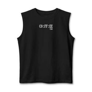 Puede incluir: Camiseta sin mangas negra con el texto "COFFEE TIME" en fuente pixelada blanca. La camiseta tiene cuello redondo y está hecha de un material suave. La camiseta es una prenda casual.